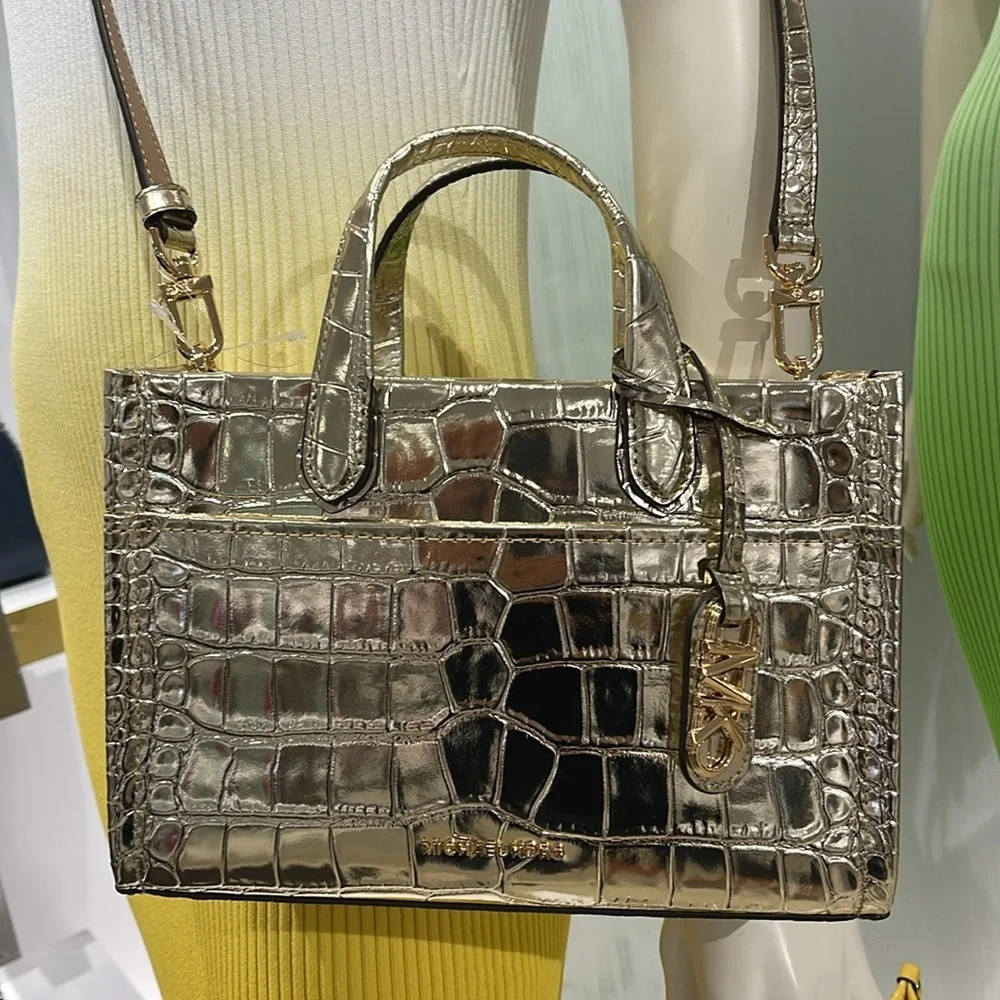 Michael Kors Gigi Small Metallic Crocodile Embossed Leather Messenger Pale Gold